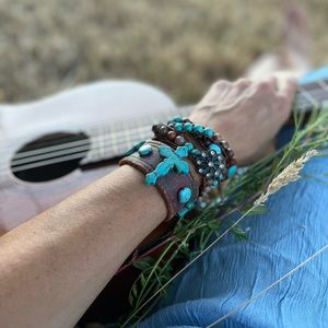 ROZY ALIZE🌹🏜Brown Turquoise Up-Cycled ♻️ Leather Cuff Beaded Wrap Bracelet Set